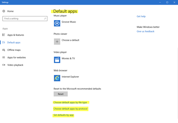 imposta le app predefinite di Windows 10