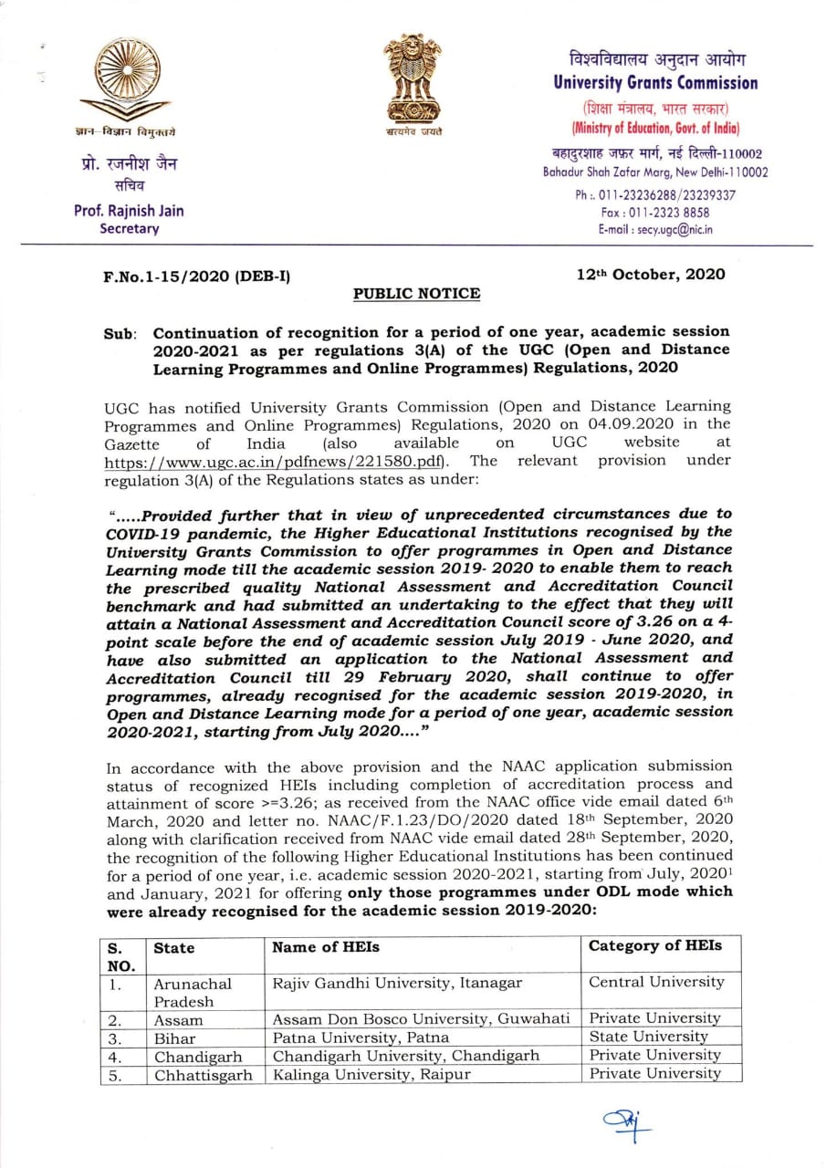 UGCPUBLIC NOTICEOPEN & DISTANCE LEARNING PROGRAMMES & ONLINE PROGRAMME REGULATION 2020 TAMNEWS