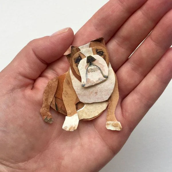 watercolor and layered cut paper English bulldog
