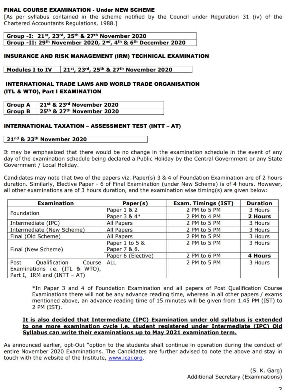 IMPORTANT ANNOUNCEMENT OF CHARTERED ACCOUNTANT EXAMINATIONS, NOVEMBER 2020 POSTPONED
