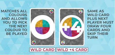 Special cards: The Wild Card matches all regular cards (NOT Reverse, Skip or Wild +4 cards). You pick the next colour to be played. The same applies to the Wild +4 Card; in addition, the next player must draw four cards and skip their turn. Wild +4 can ONLY be played when no other card in your hand match the top card of the discard pile