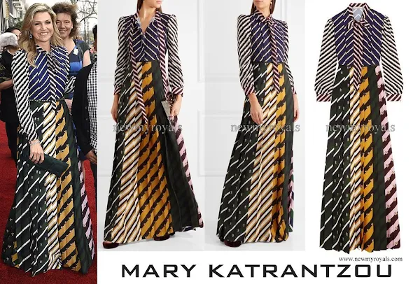 Queen Maxima wore MARY KATRANTZOU Duritz pussy bow printed crepe de chine maxi dress