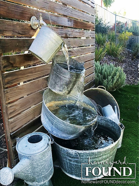 salvaged, junk, junking, diy, garden, backyard decor, home decor, farmhouse style, rustic style, galvanized buckets, fountains, repurposed, diy, spring decorating, industrial style