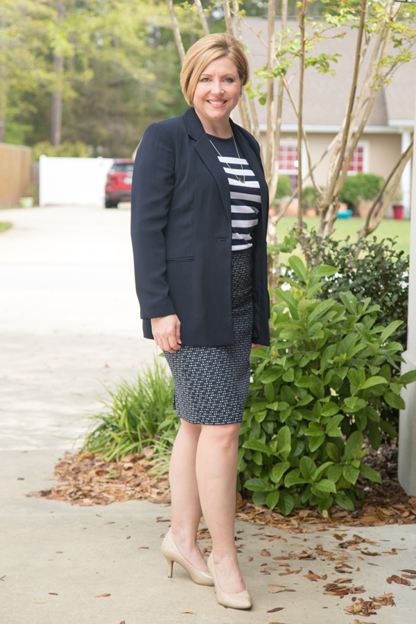 business outfit with pencil skirt and navy blazer