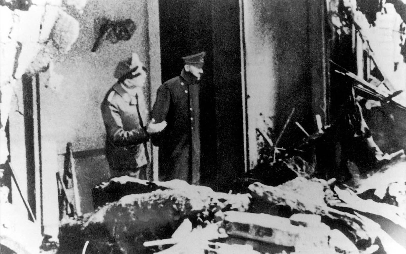 Allegedly the last picture of Adolf Hitler before he committed suicide on April 30, 1945. Hitler (right) and his adjutant Julius Schaub looking at the ruins of the Reich chancellery, April 28, 1945.