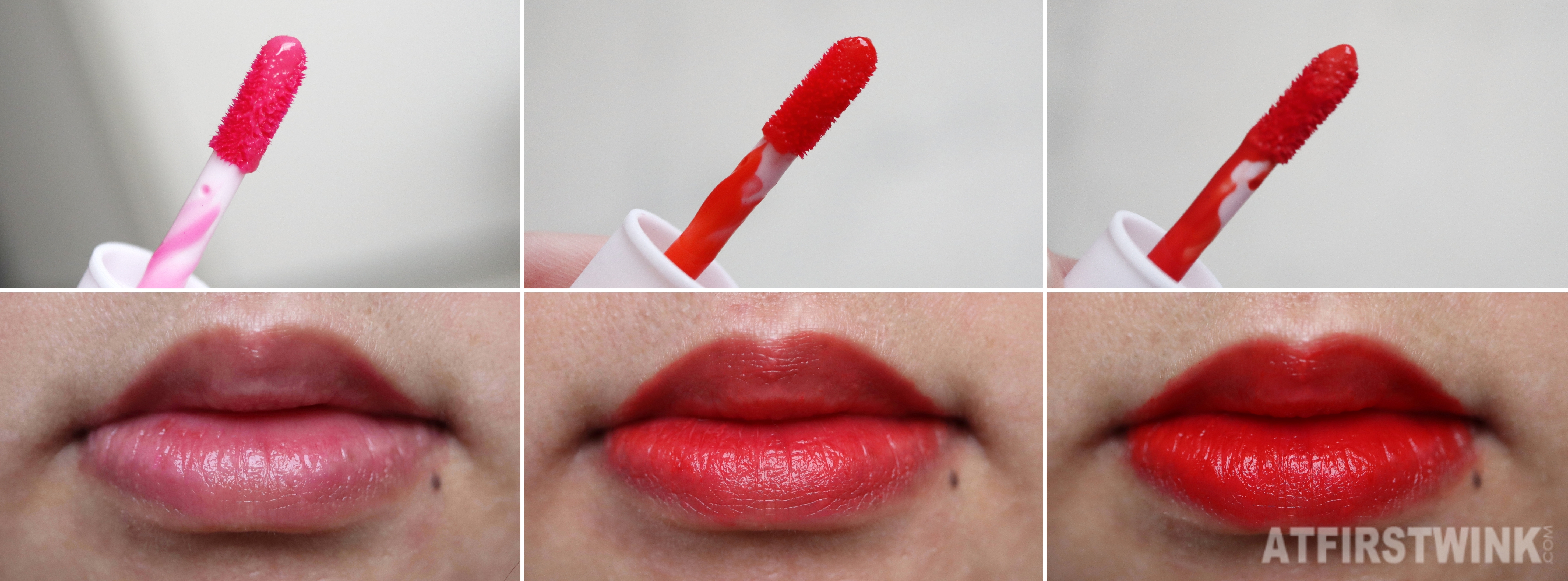 TONYMOLY liptone get it tint mini trio pink ming clear coral play orange swatched on lips applicators