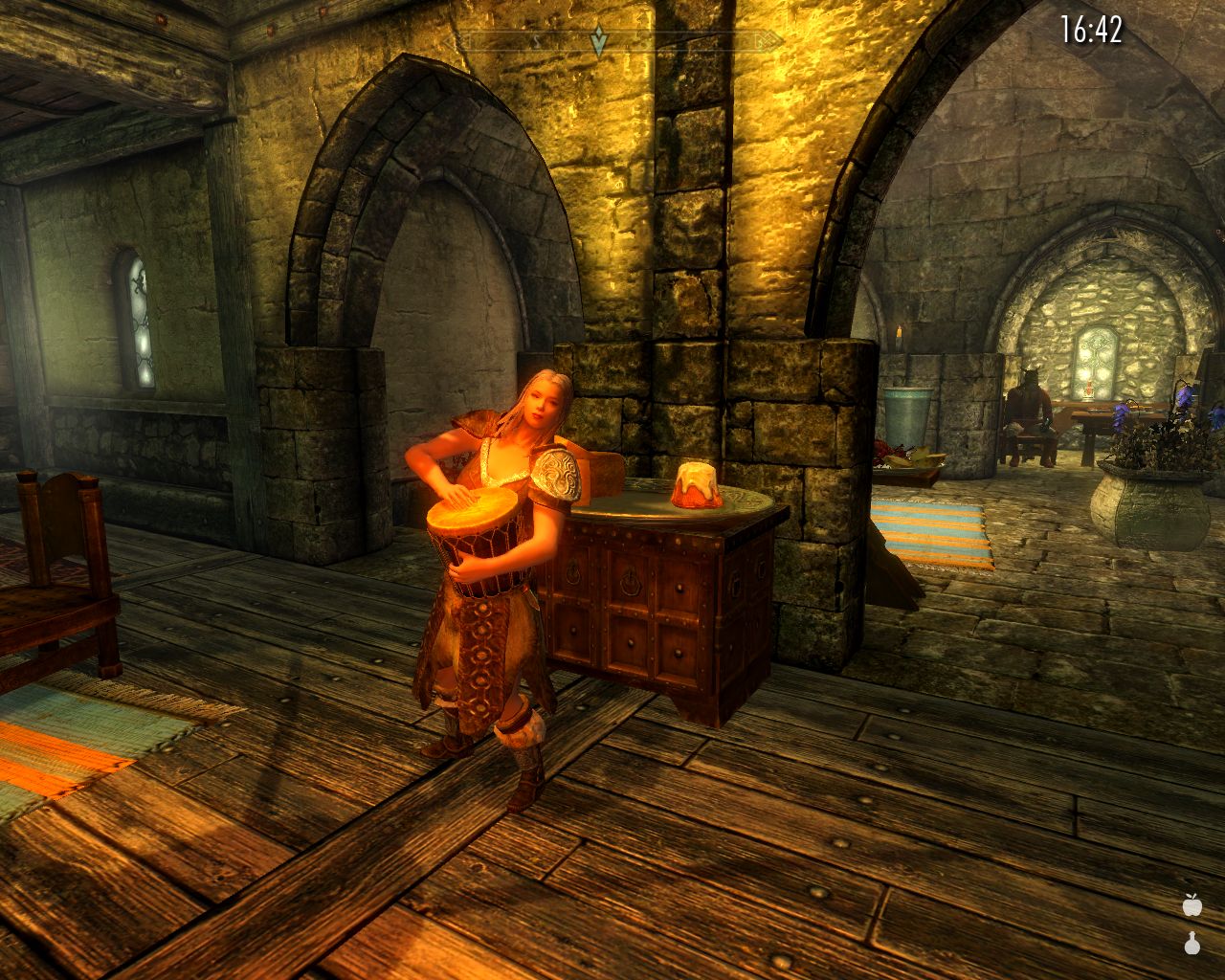 Lisette playes the drum in the Solitud inn, an Argonian man sitting in the background