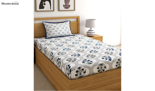 White Screen Print Floral Single Bed Sheet With Pillow Cover