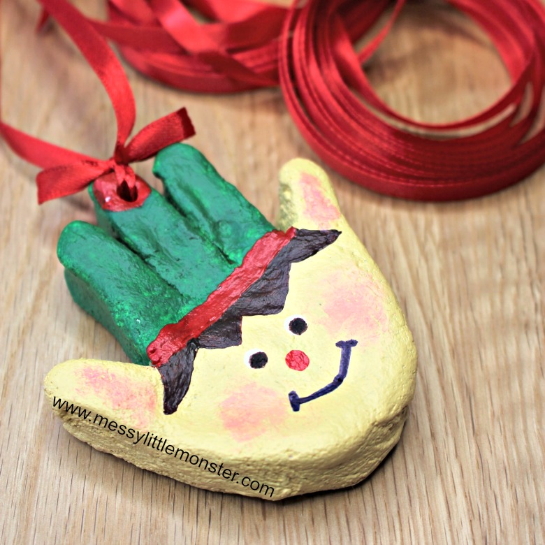 salt dough ornaments - elf salt dough handprint ornament - elf craft