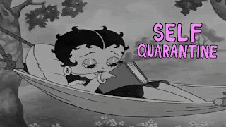 Betty Boop relaxing in a hammock. The words "Self Care" and "Self Quarantine" are pooping up in a yellow heart. 