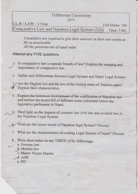 LLB First Year Comparative Law and Nepalese Legal System (324) Question Paper 2074