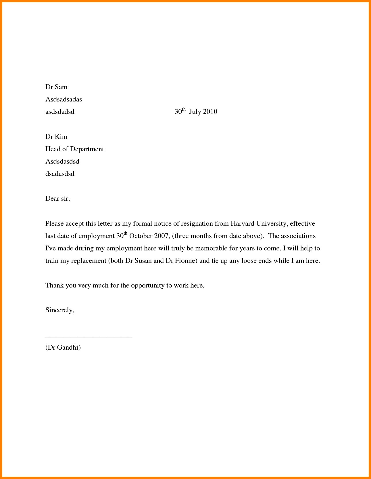 Short Resignation Letter Sample