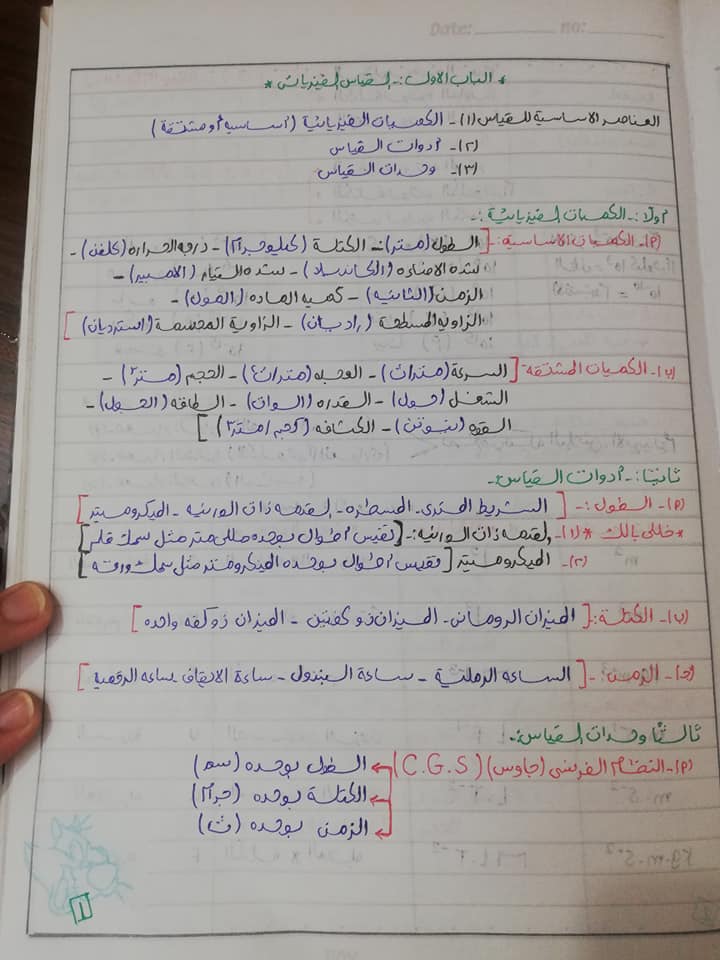 تلخيص فيزيا أولى ثانوي بخط اليد 1