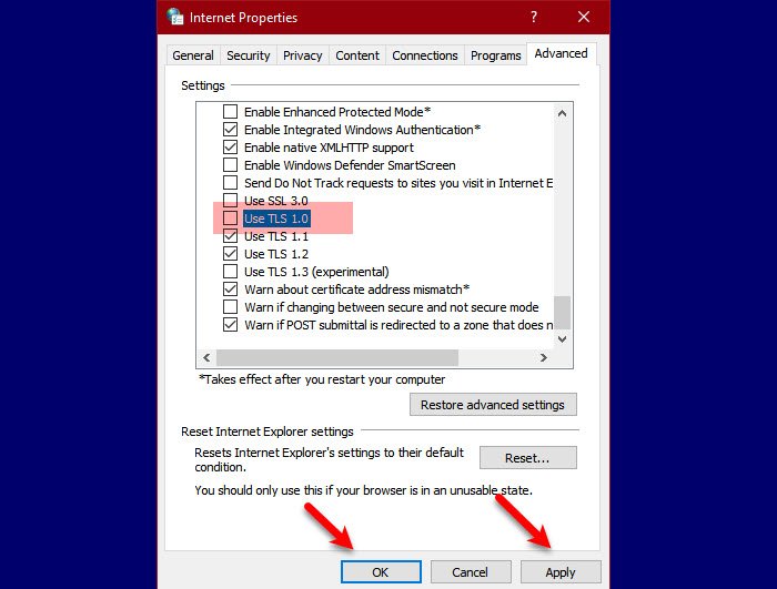 deshabilitar TLS 1.0 en Windows 10