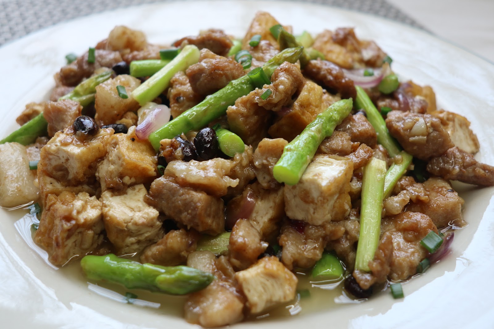 bitsenpieces Pork Belly Tofu with Black Beans and Asparagus