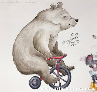 watercolour painted artwork featuring a bear on a tricycle by Jenny James copyright 2019