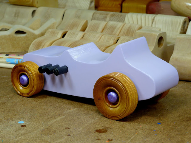 Wooden Toy Car - Hot Rod Freaky Ford - T Bucket - MDF - Lavender - Amber Shellac - Metallic Purple Left Rear