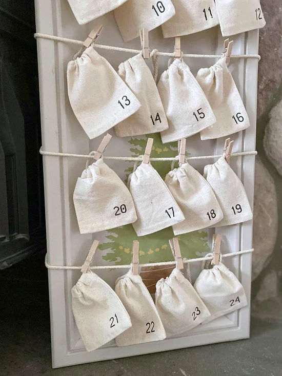 DIY Stenciled Advent Calendar with Small Numbered Muslin Bags