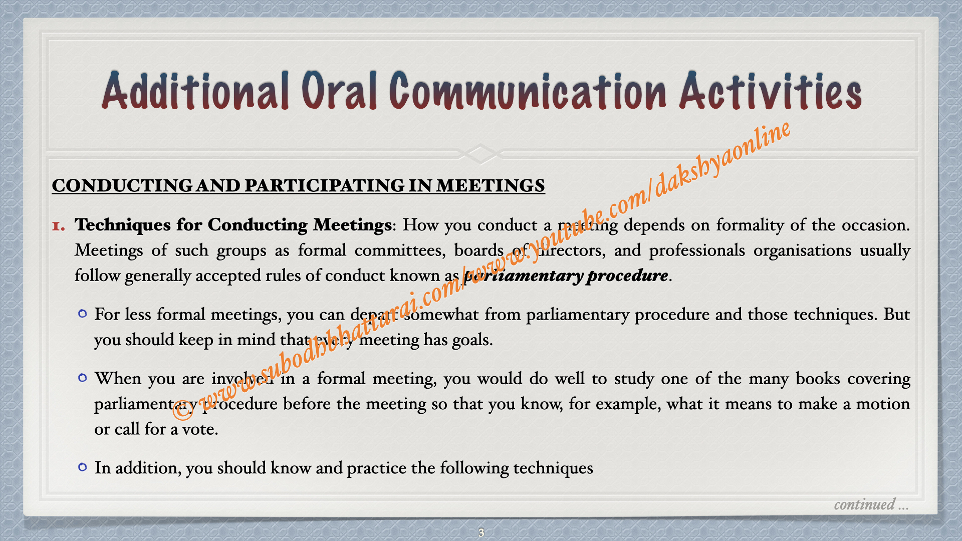 19. ADDITIONAL ORAL COMMUNICATION ACTIVITIES