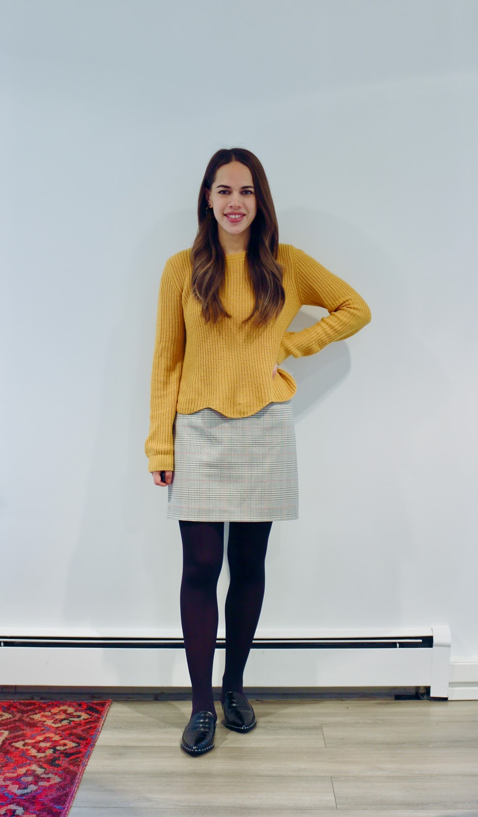 Jules in Flats - Mustard Sweater & Plaid Mini Skirt (Business Casual Fall Workwear on a Budget)