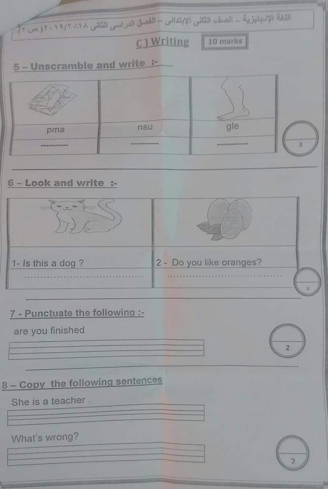 امتحانات اللغة العربية والتربية الدينية والرياضيات والانجليزي للصف الثاني الابتدائي ترم ثاني 2019 محافظة بورسعيد 7