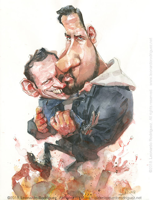 watercolor caricature of Emmanuel Macron holded by his bodyguard while he walk over a bunch of people.  It's a gag of the filme The Bodyguard