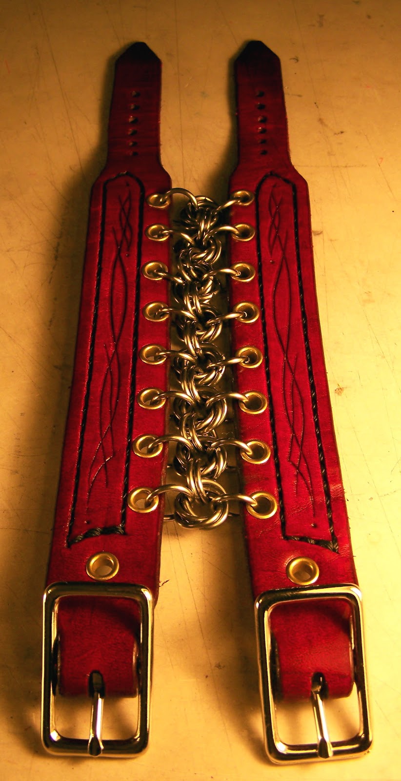 Moody's Garage: Red Leather Chainmaille Cuff