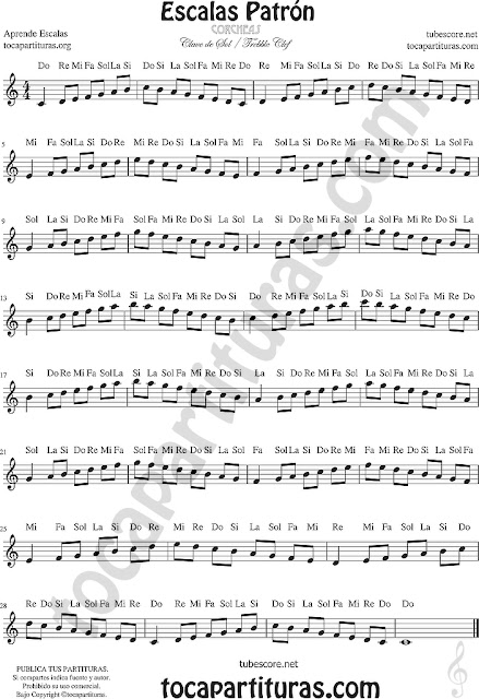  Partitura Escala de Do con Notas en Letra Patrón Corcheas para Instrumentos en Clave de Sol (Flautas, violin, oboe...)