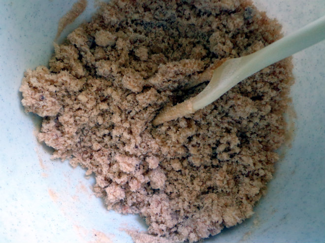 Sour cherry crumb cake by Laka kuharica: stir together butter, flour, sugar, sea salt, and cinnamon.