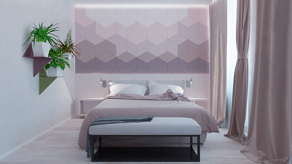 pastel-purple-hexagonal-small-bedroom-feature-wall-colours