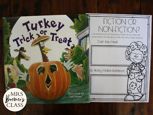 Turkey Trick or Treat book study activities unit with Common Core aligned literacy companion activities and a craftivity for Kindergarten and First Grade