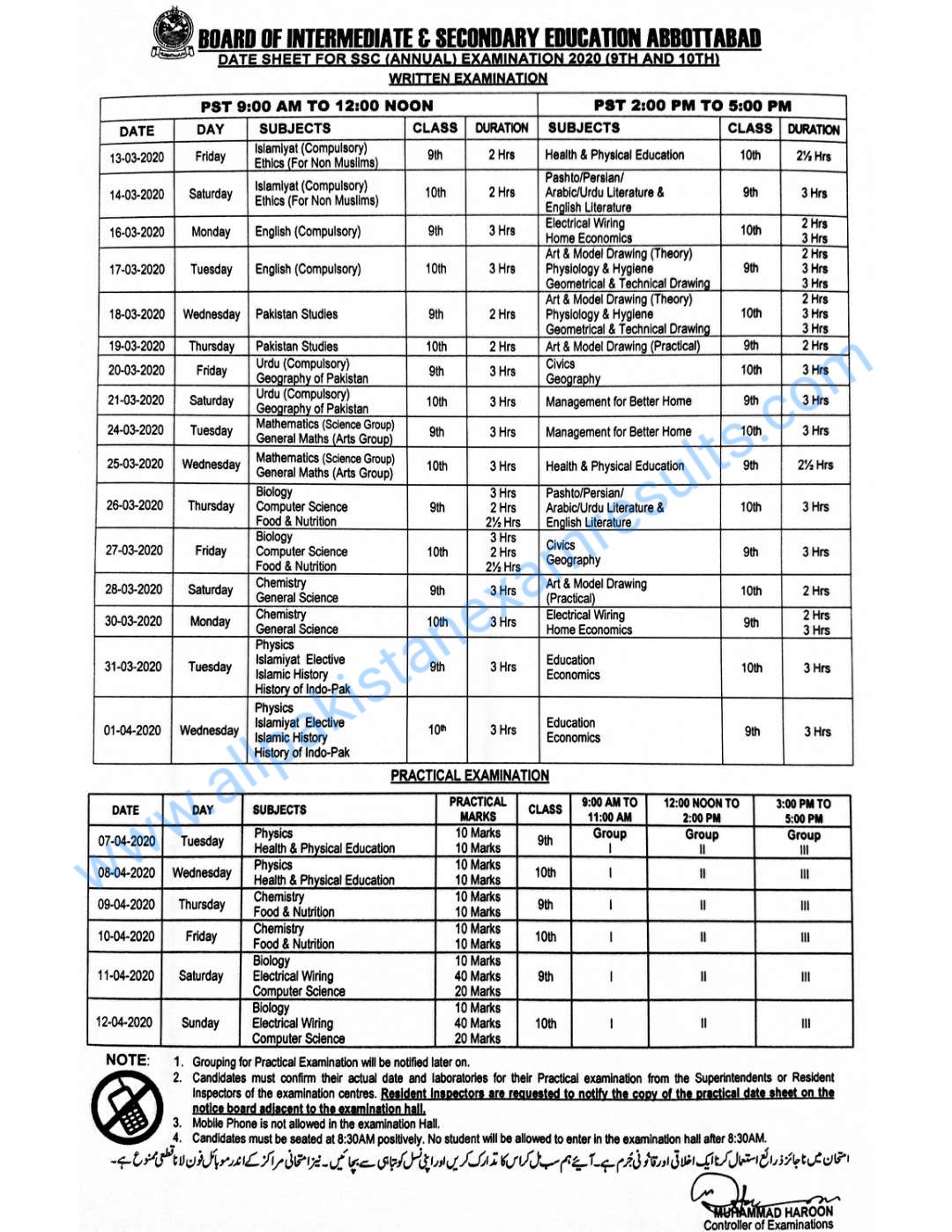 BISE Abbottabad 9th and 10th class Date Sheet 2020