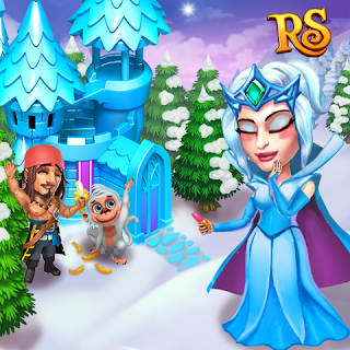 Facebook Gaming, Royal Story, a winter princess appears demurely before a bare-chested handsome pirate while standing before a winter castle