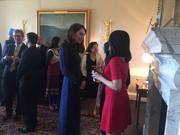 Prince William and his wife The Duchess of Cambridge attended a reception with young people from India and Bhutan at Kensington Palace, Kate Middleton wore SALONI Mary Illusion Dot Dress