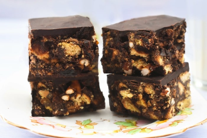 Two stacks of chocolate tiffin bites