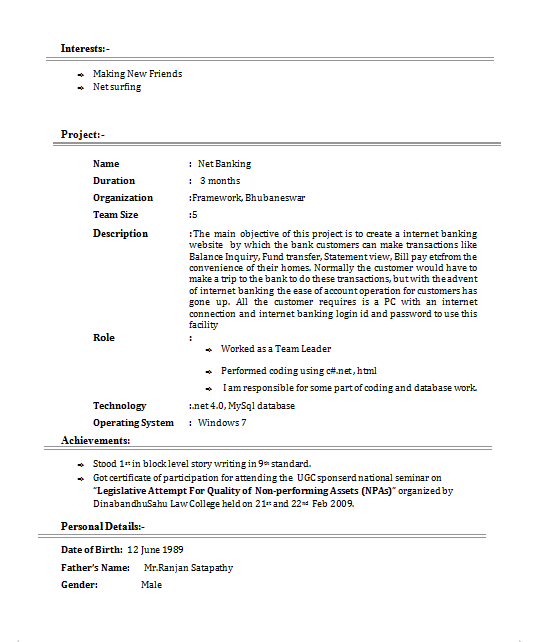 resume format for freshers with project details