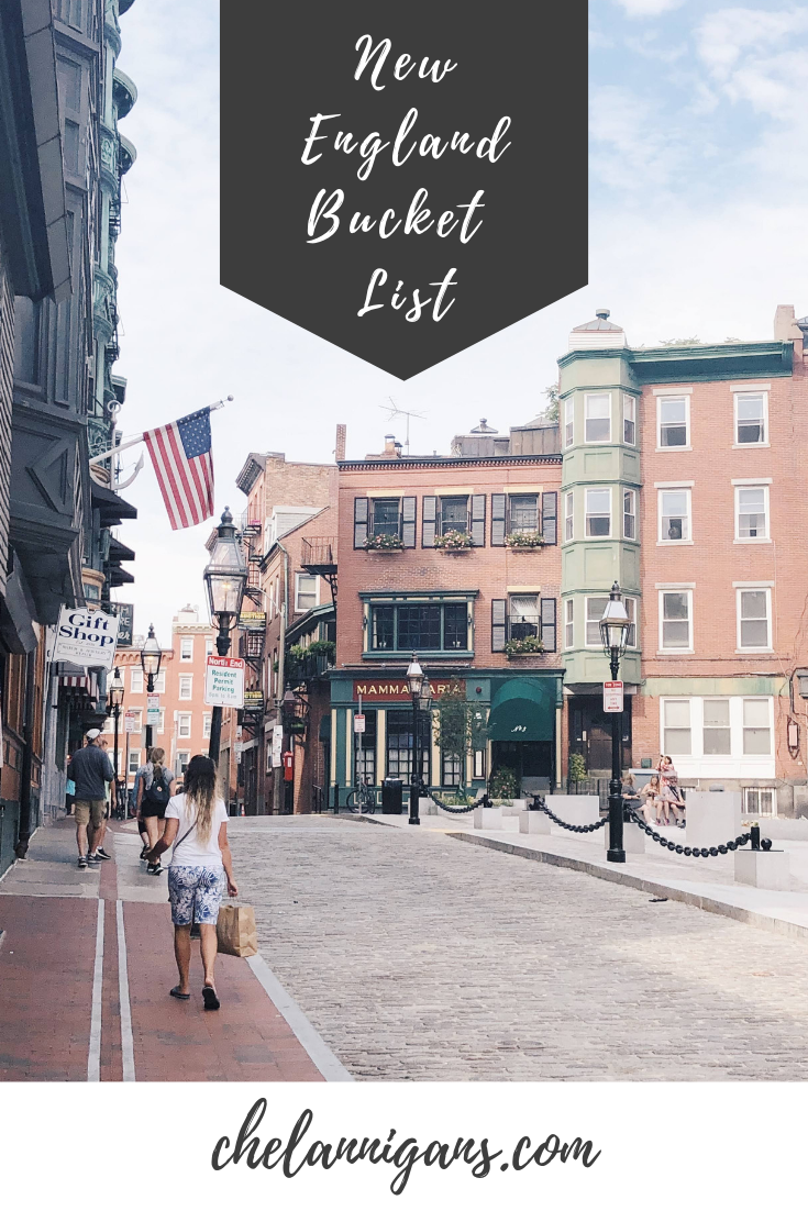 New England Bucket List Girl walking a cobblestone street in downtown Boston with text overlay - New England Bucket List