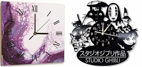 A square purple clock and a clock made from a vinyl record in an anime design.