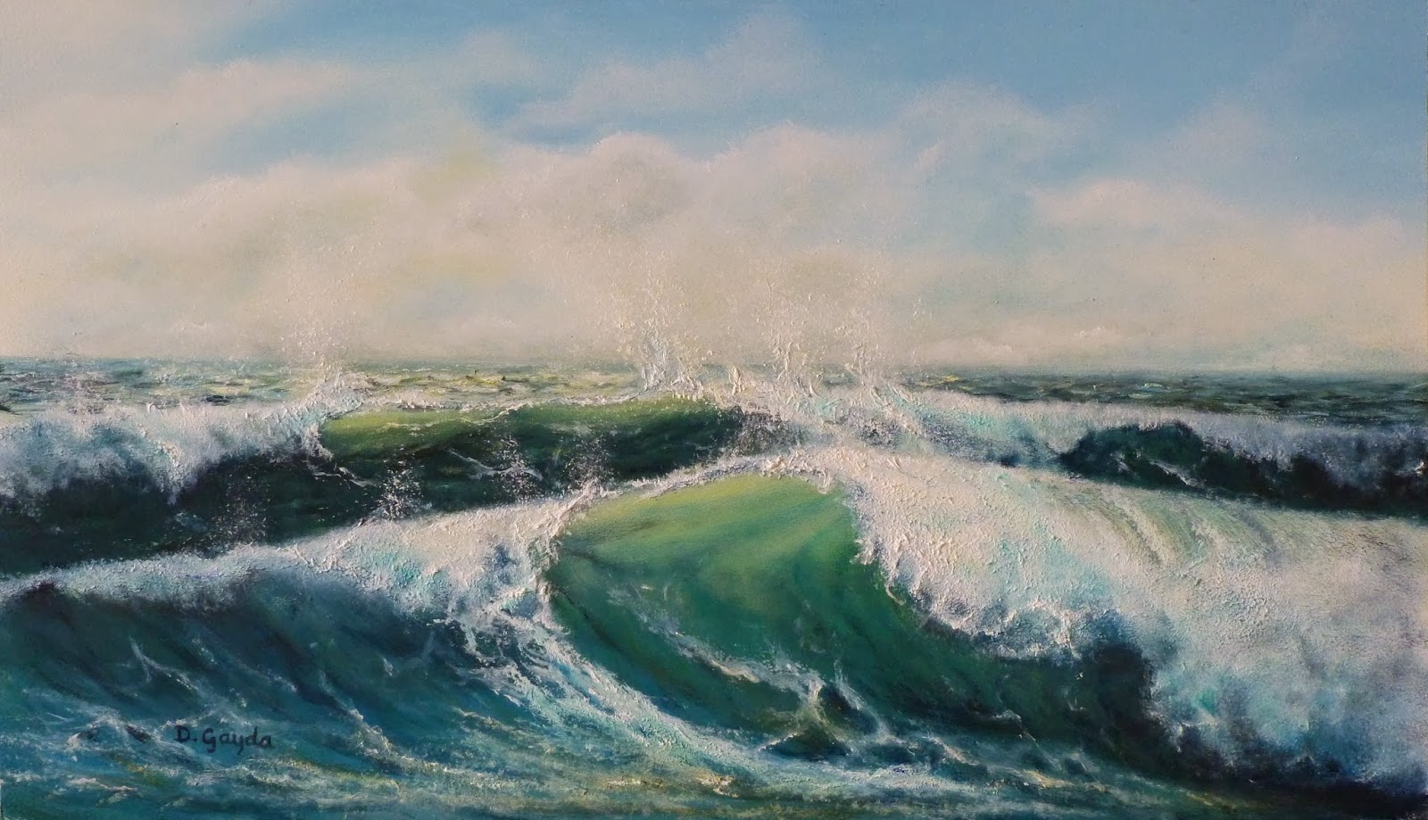 David Gayda marine, Seascape and wave painting artist Waves 14 x 8 inch oil on board.