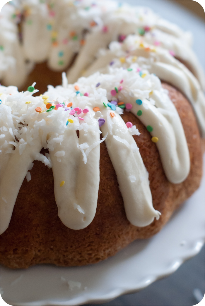 coconut cream bundt cake with cream cheese frosting