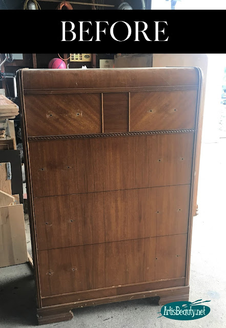 beat up old vintage waterfall dresser in need of a makeover and saving with paint