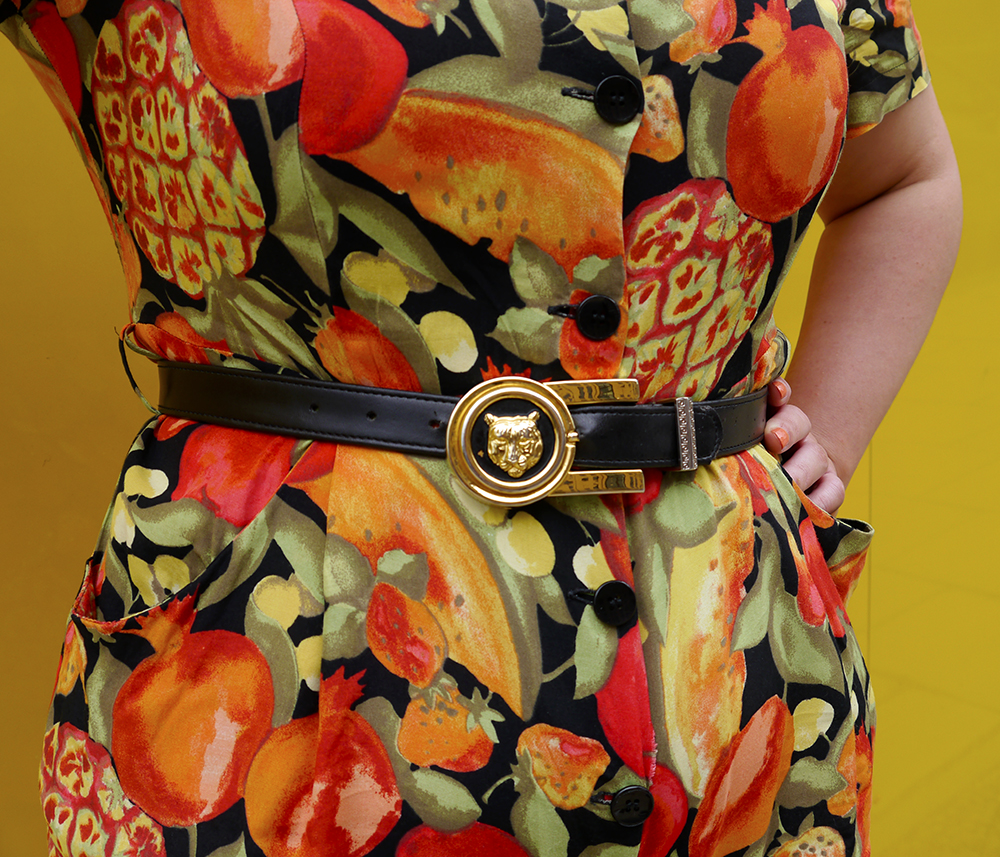 Tiger Belt and Fruit Vintage Playsuit Wardrobe Conversations, Scottish blogger, Scot Street style, Edinburgh Blogger, Edinburgh street style, vintage street style, summer outfit, summer street style, playsuit, fruit pattern playsuit, vintage playsuit, umbrella, watermelon umbrella, colourful blogger style, bright colours, Nicely Eclectic vintage, Paperchae umbrella, Vintage sunglasses, cat eye sunglasses, summer style, summer tan, fake tan, natural fake tan, easy fake tan, tanning tips