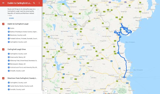 Map of Dublin to Carlingford Ireland Road Trip