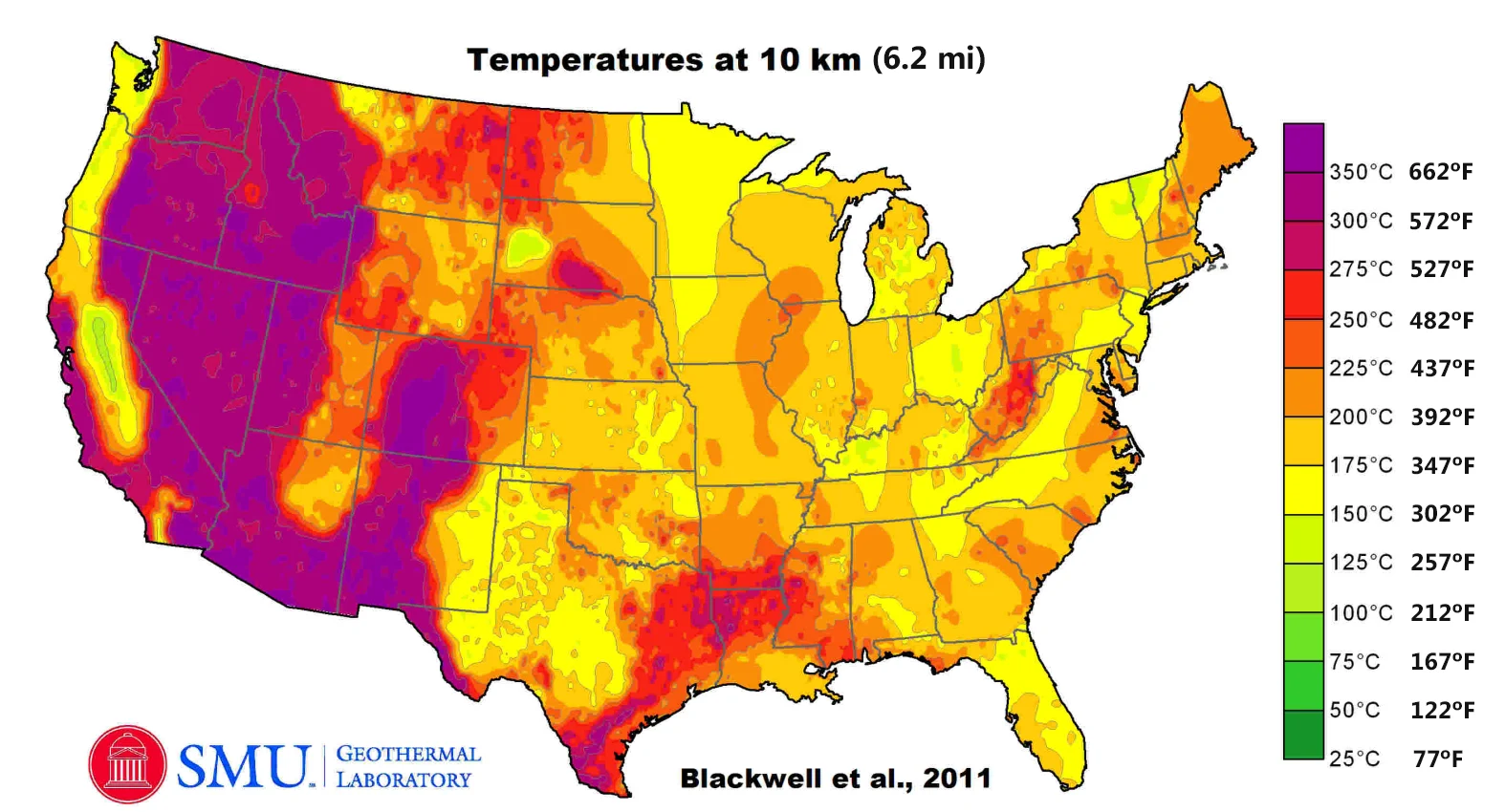 United States: Temperatures at the depth of 10 km