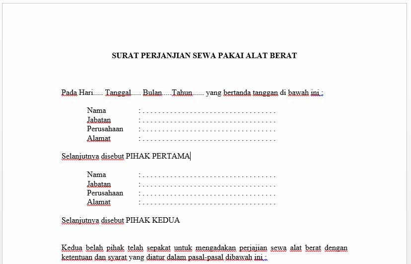 Contoh surat perjanjian sewa pakai alat berat
