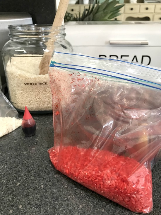 Jar of white rice and bag of red rice