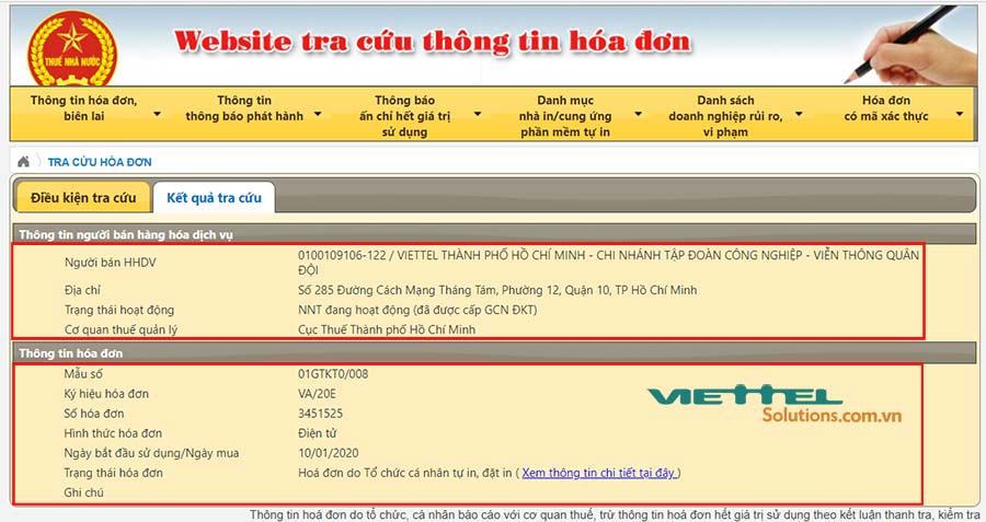 Hình 3 - Kết quả tra cứu hóa đơn điện tử trên trang của Tổng cục Thuế