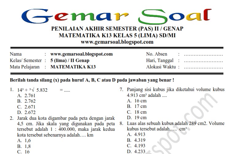 Soal PAS Matematika K13 Kelas 5 SDMI dan Kunci Jawaban