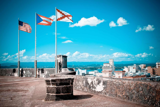 Flags on top of the fortress in Old San Juan in Puerto Rico