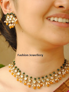 Yellow White Green Pearl Bridal Necklace Earring.